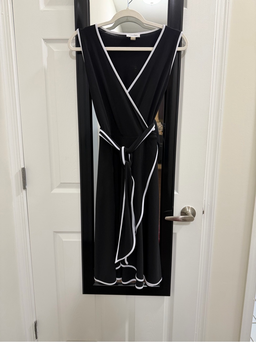 Calvin Klein Black Wrap Dress with White Trim
